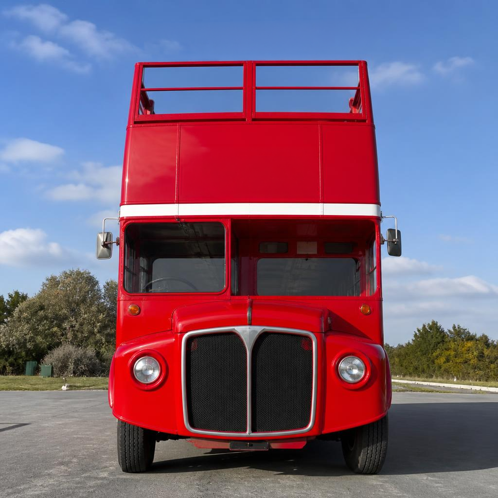 Front of the open-top Routemaster with the advertising panels marked