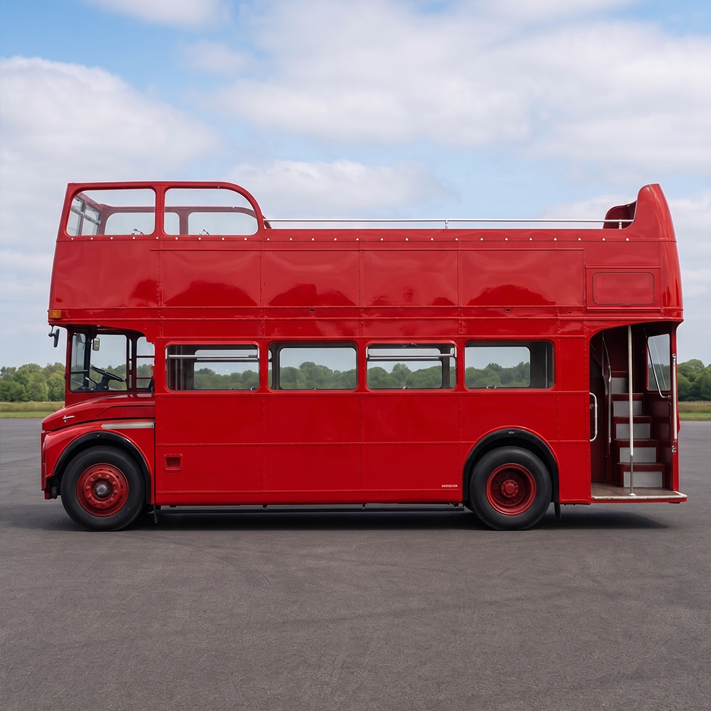 Left-hand side of the open-top Routemaster with the advertising panel marked