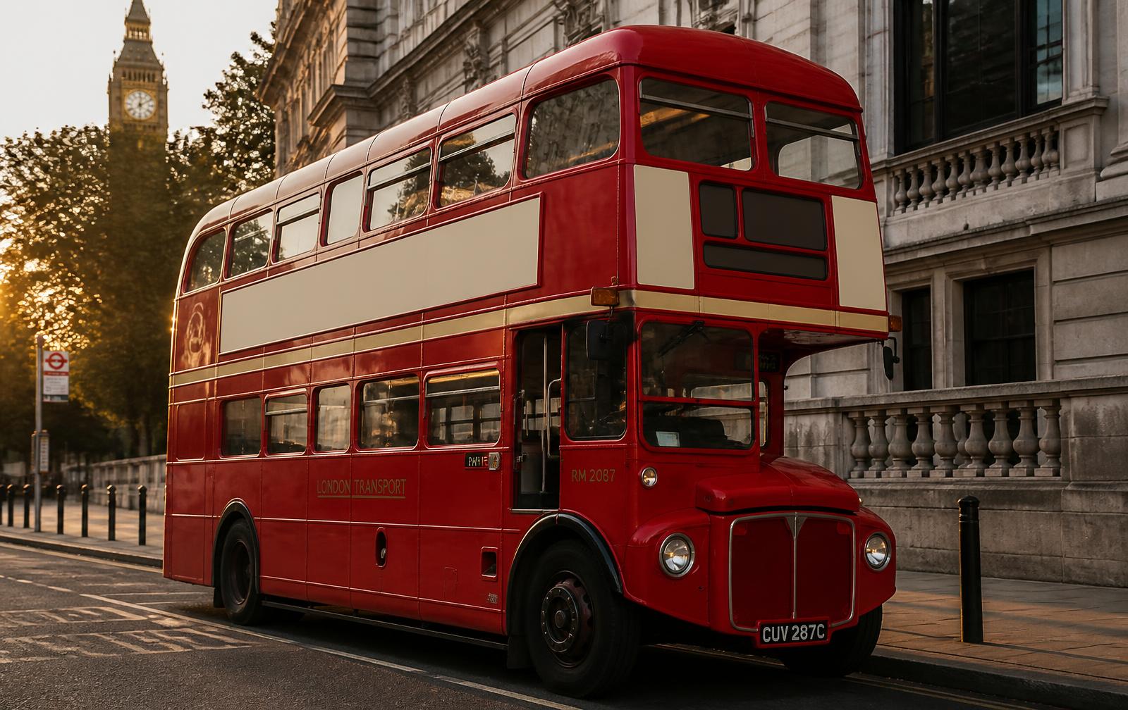 Red 1963 AEC Routemaster bus parked on a central London street